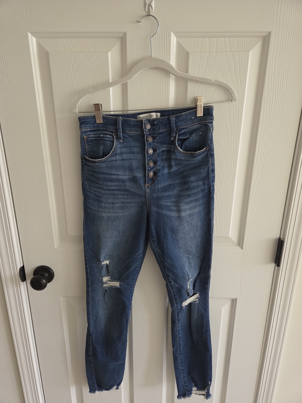 Abercrombie & Fitch Women's Distressed Button-Fly Blue Super Skinny Ankle Jeans